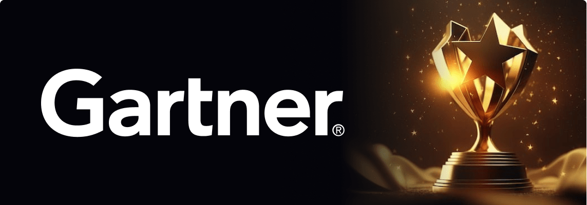 Gartner logo beside glowing gold award trophy on dark background