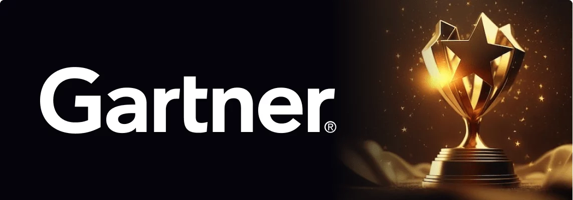 Gartner logo beside glowing gold award trophy on dark background