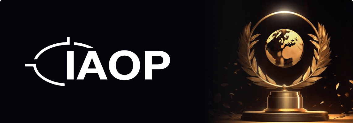 IAOP logo beside a golden globe trophy symbolizing industry awards and recognition