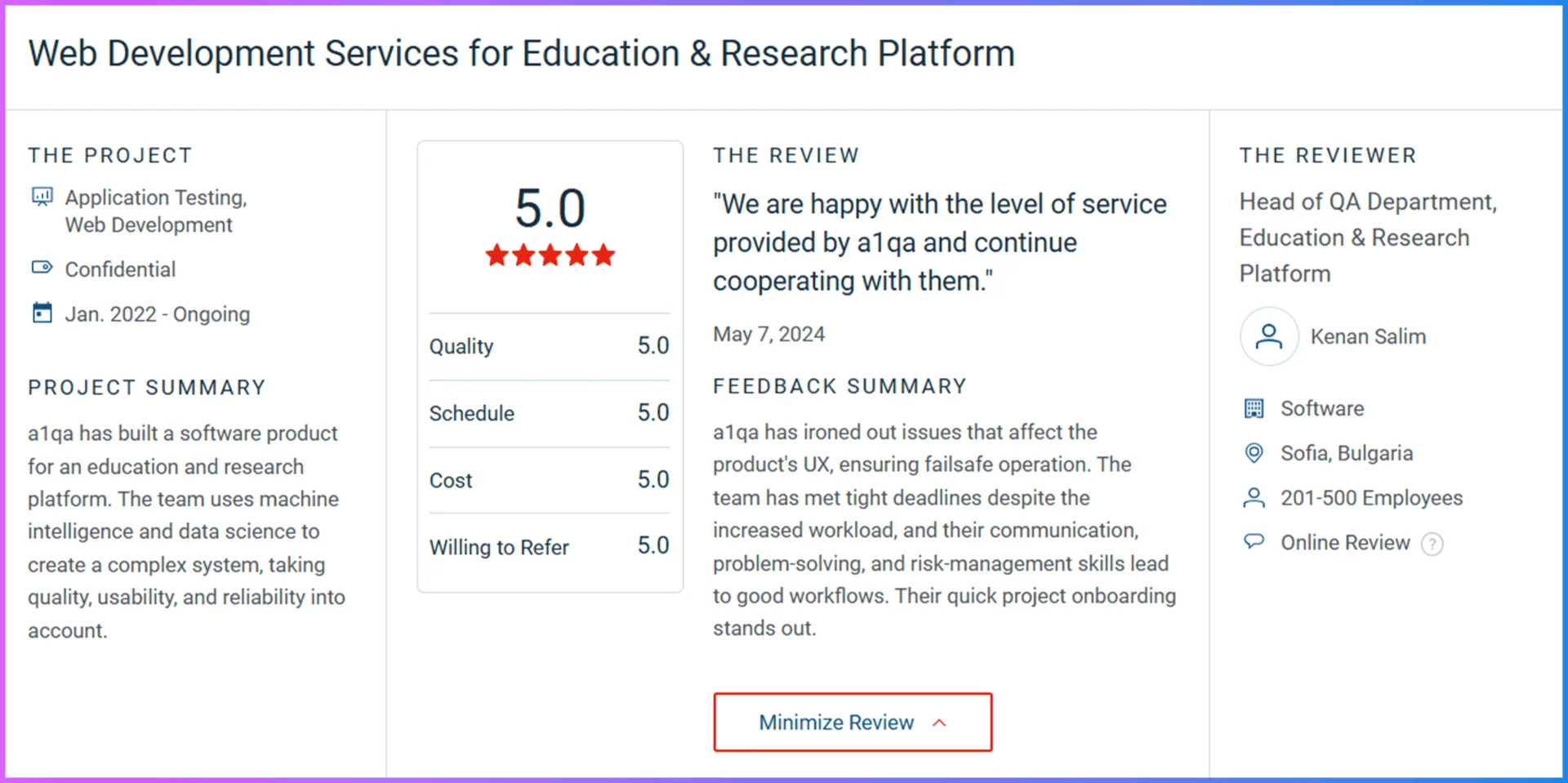 Web Development Services for Education & Research Platform review with 5.0 rating and client feedback