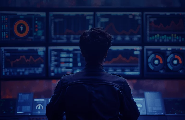 QA specialist monitoring software performance dashboards in a control room