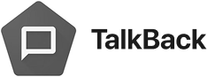 TalkBack logo with speech bubble icon and black TalkBack text