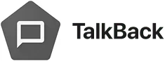 TalkBack logo with speech bubble icon and black TalkBack text