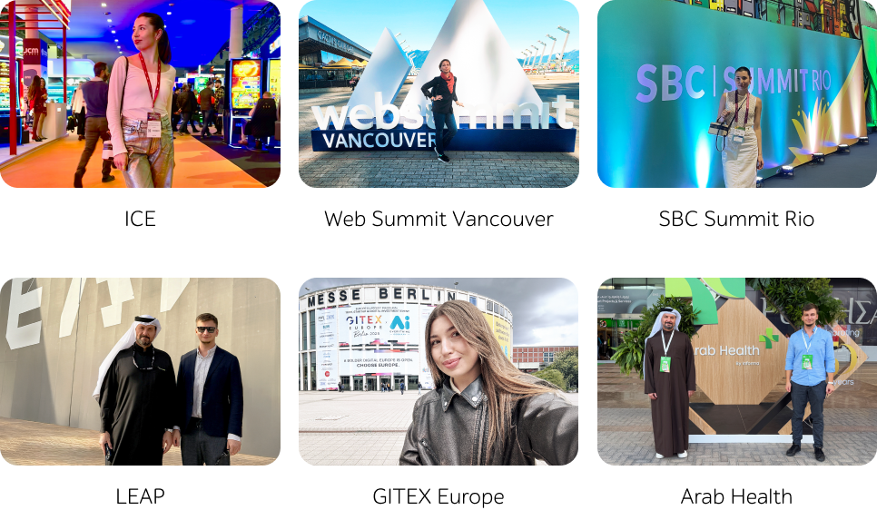 Collage of team photos from ICE, Web Summit Vancouver, SBC Summit Rio, LEAP, GITEX Europe, Arab Health