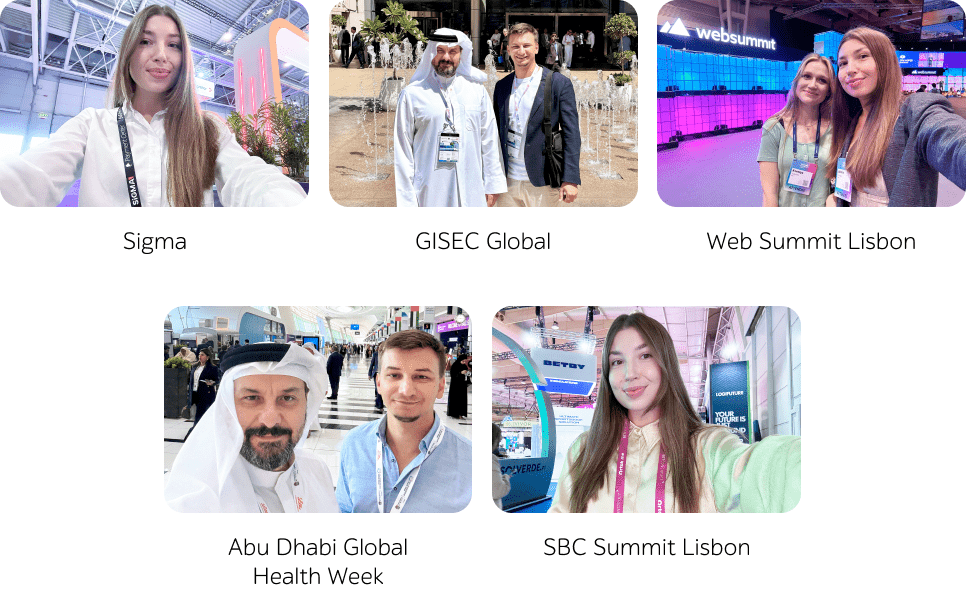 Collage of team photos at Sigma, GISEC Global, Web Summit Lisbon, Abu Dhabi Global Health Week, SBC Summit Lisbon