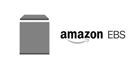 amazon EBS logo next to a gray block storage volume icon