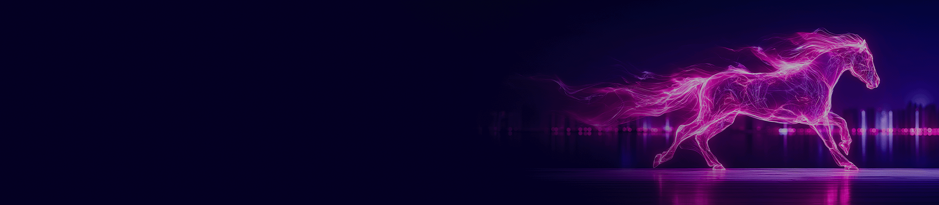 Abstract neon horse symbolizing speed and innovation against a city skyline at night