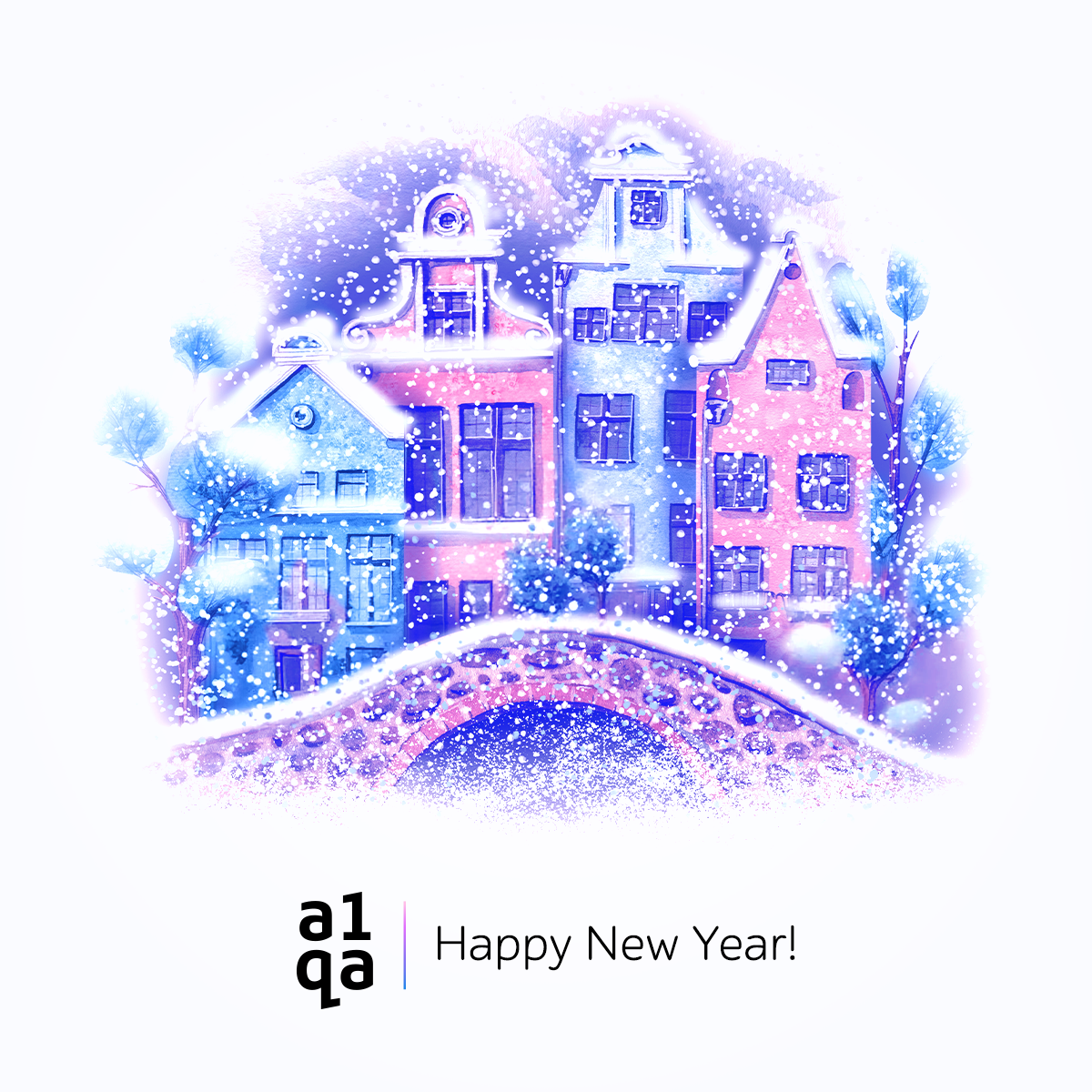 Snowy pastel town illustration above bridge with a1qa Happy New Year!
