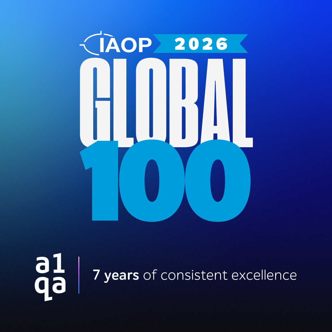 IAOP 2026 GLOBAL 100 award graphic with a1qa, 7 years of consistent excellence