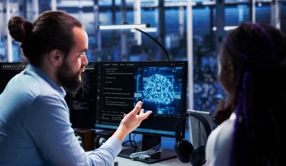 Specialists reviewing AI-driven test design data during a preliminary audit discussion