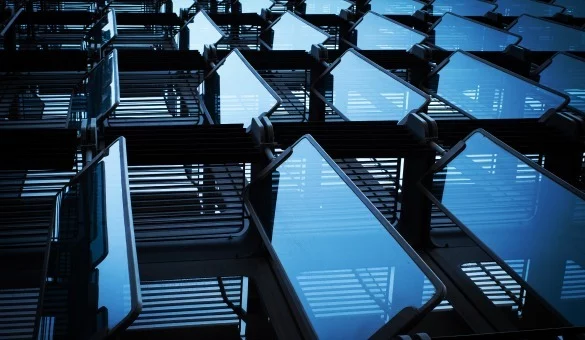 Rows of reflective digital screens suggesting scalable AI-driven test design refinement