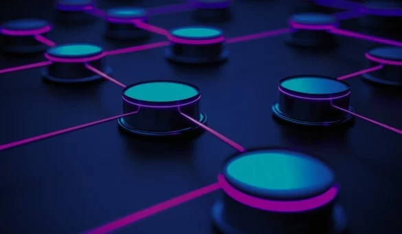 Abstract network of connected nodes representing strategic planning and predictive QA analysis