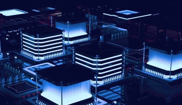Abstract illustration of interconnected glowing data processors representing predictive test planning infrastructure