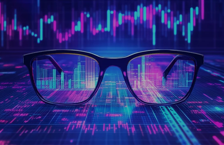Digital analytics and insurance risk metrics viewed through eyeglasses, representing automated testing, Azure DevOps integration, and scalable QA processes for a claims management company.
